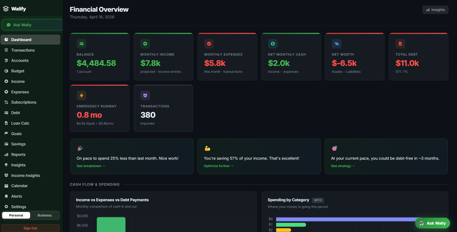 Walify AI money app on desktop — personal finance tracker with bank sync and spending reports